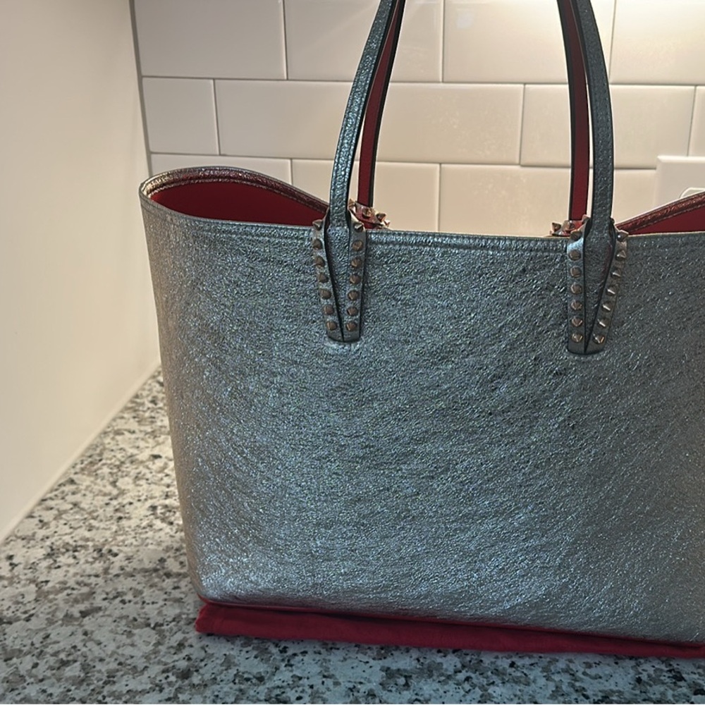 Christian Louboutin Shimmering Silver Tote with Red Lining